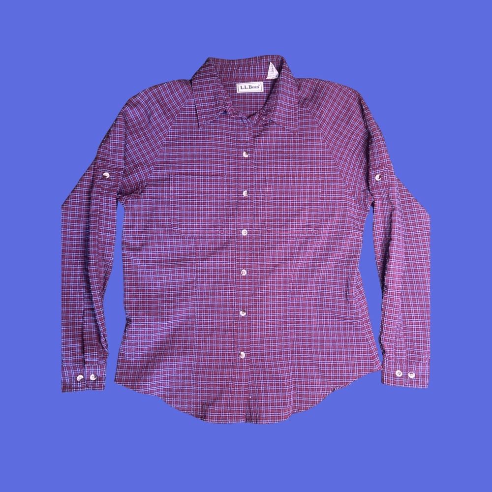 L.L. Bean Shirt Womens Medium Purple Plaid Roll-Tab Sleeve Outdoor Casual VTG - Picture 1 of 8